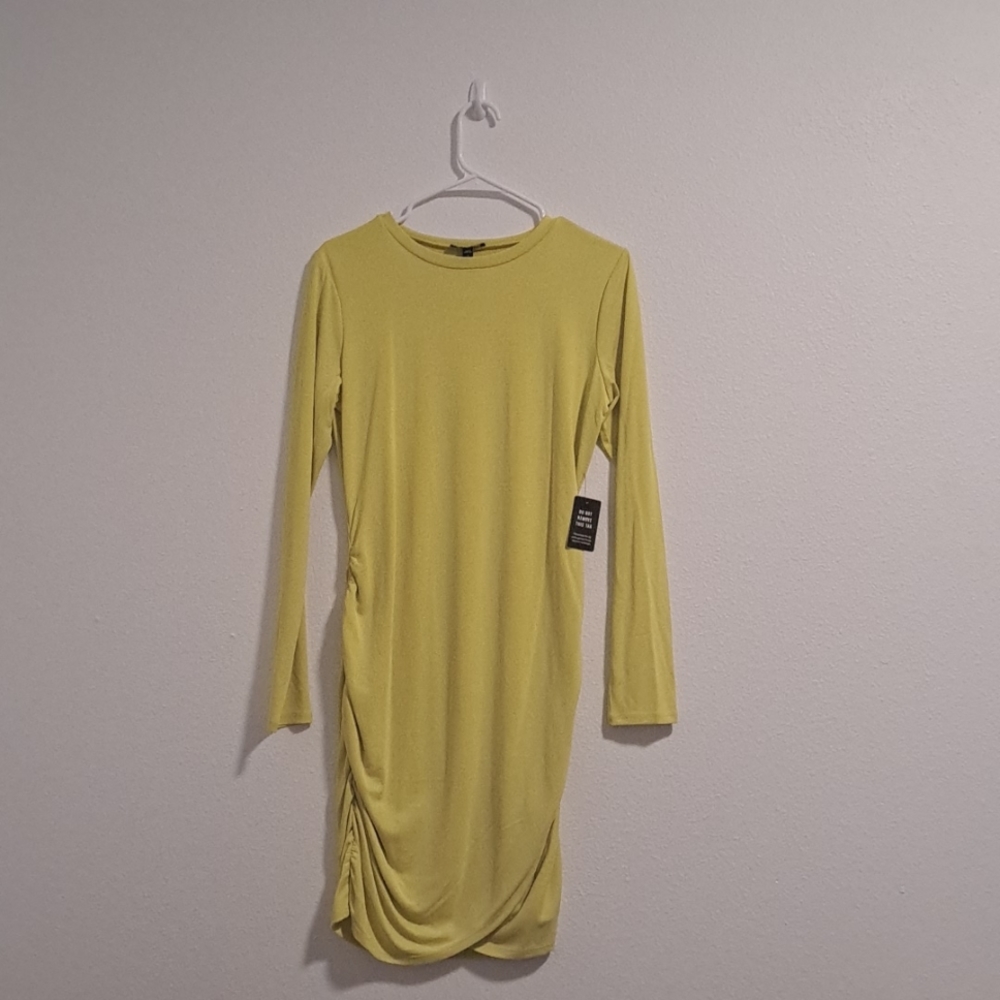 Express Silky Sueded Jersey Ruched Long Sleeve Dress Lime Size Medium